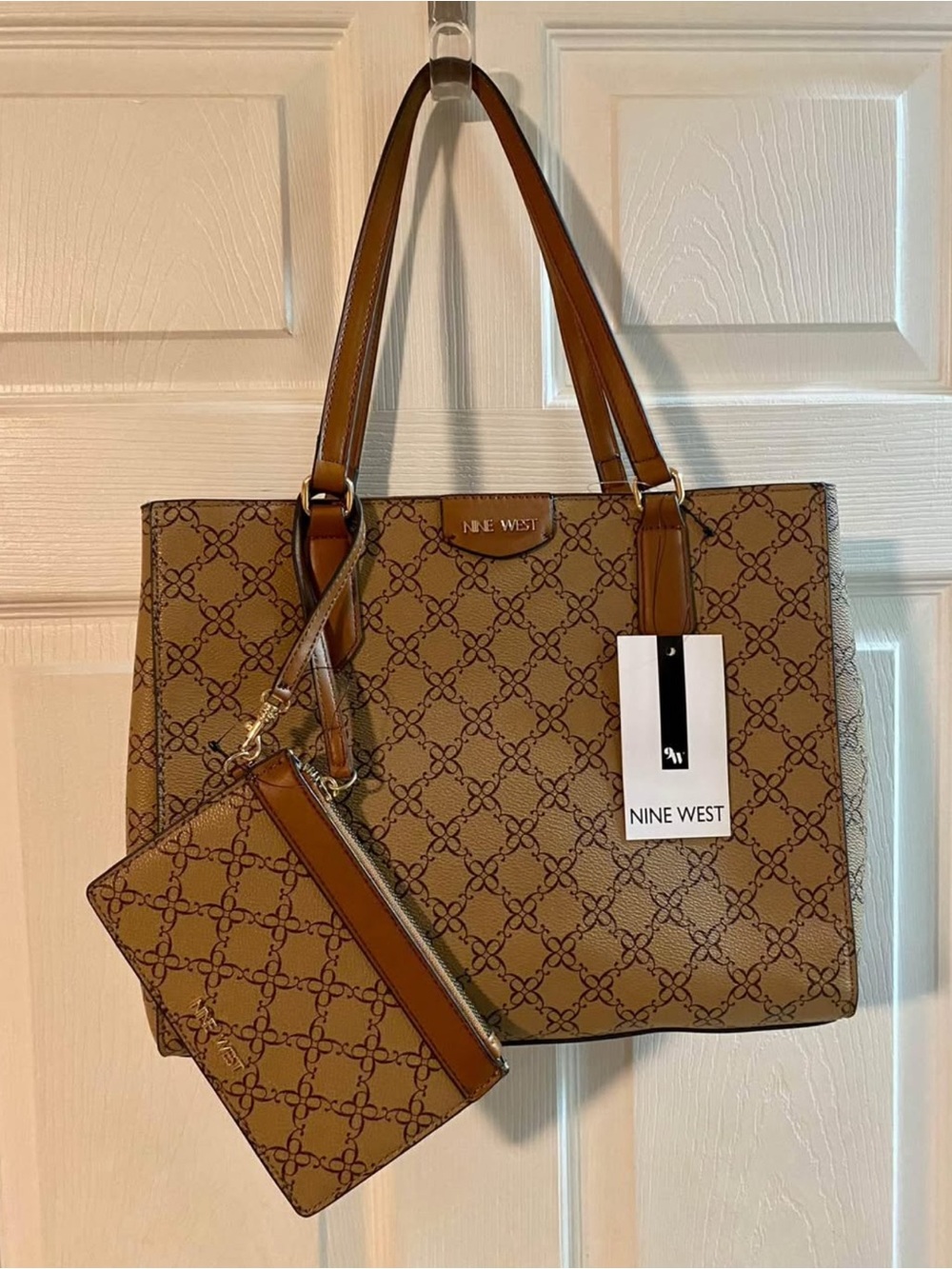 Nine West Tan Monogram Tote Bag with Wristlet